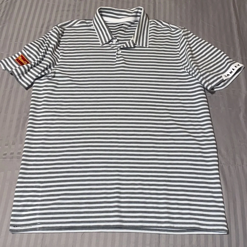 Oakley Gray & white striped collared polo shortsleeve men’s regular fit shirt XL - Picture 5 of 9